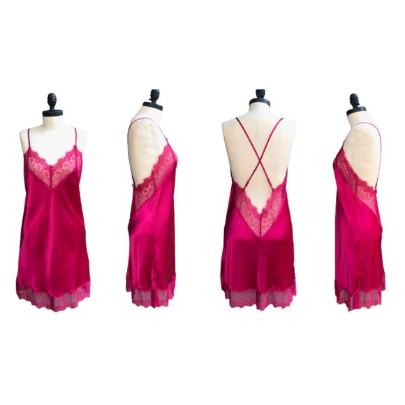 NWOT New 100% Silk Pink Red Lace Criss Cross Chemise Negligee Full Slip Dress M - Picture 3 of 17